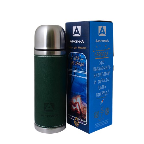 Термос питьевой 500 мл в кожаной оплетке  termos_bytovoy_vakuumnyy_pitevoy_v_kozhanoy_opletke_zelenyy_tm_arktika_500_ml